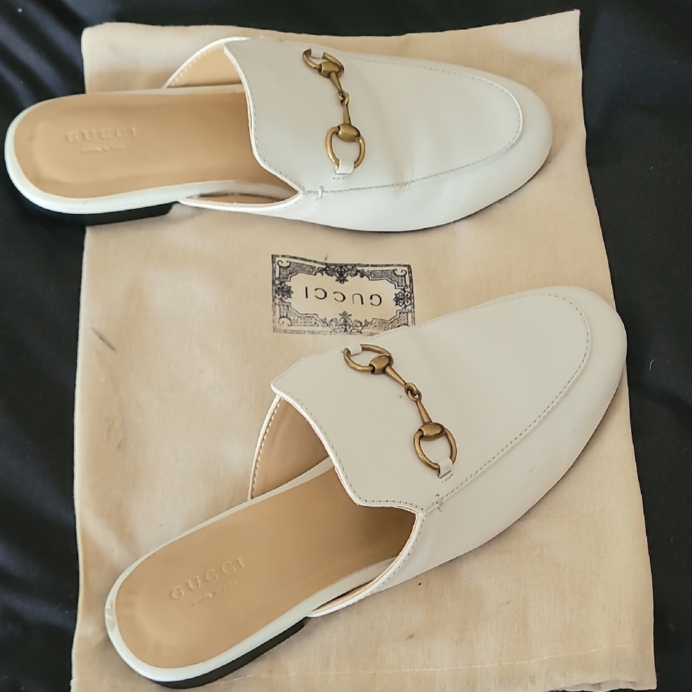Gucci Women's Cream Leather Mules with Gold Hardware